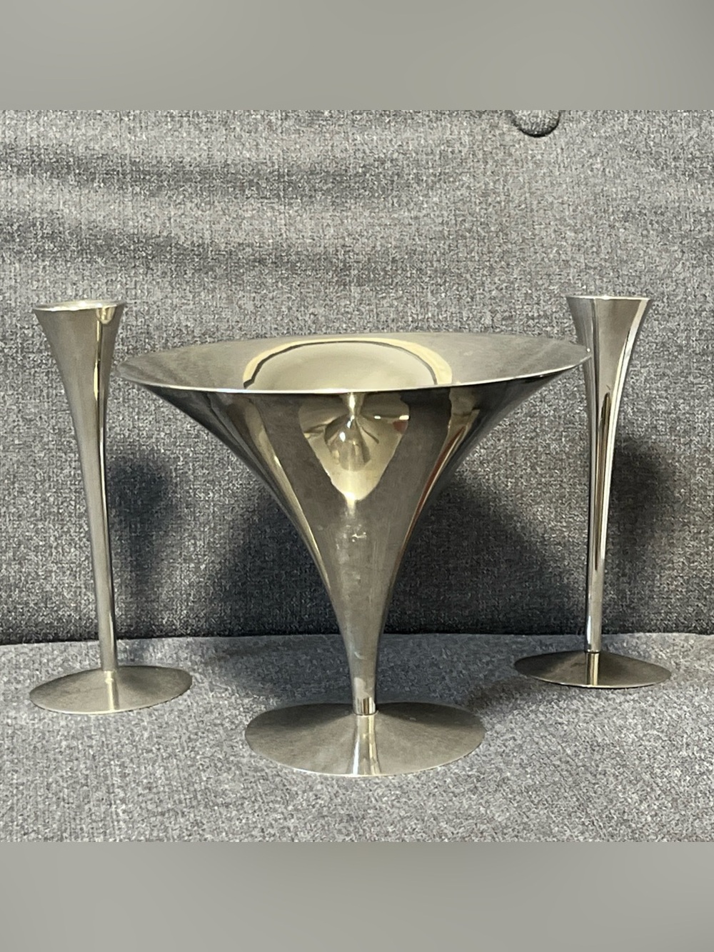 Set of 3 Vintage MCM Arthur Salm Nickel Chrome Candy Dish matching bud vases